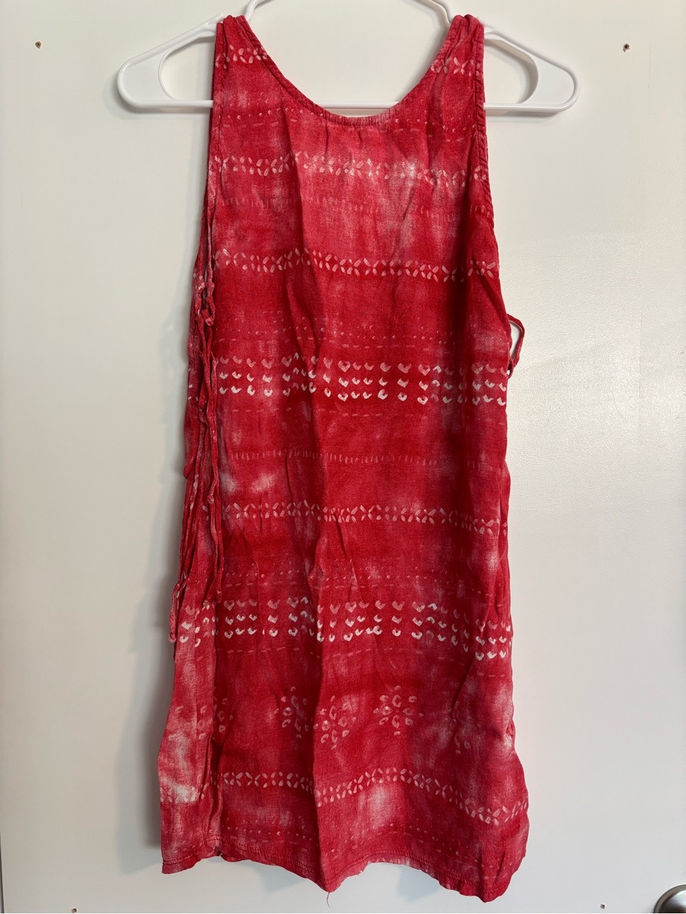 Lucy Love High Neck Low Scoop Back Pink Batik Swim Coverup Dress Small Side Tie